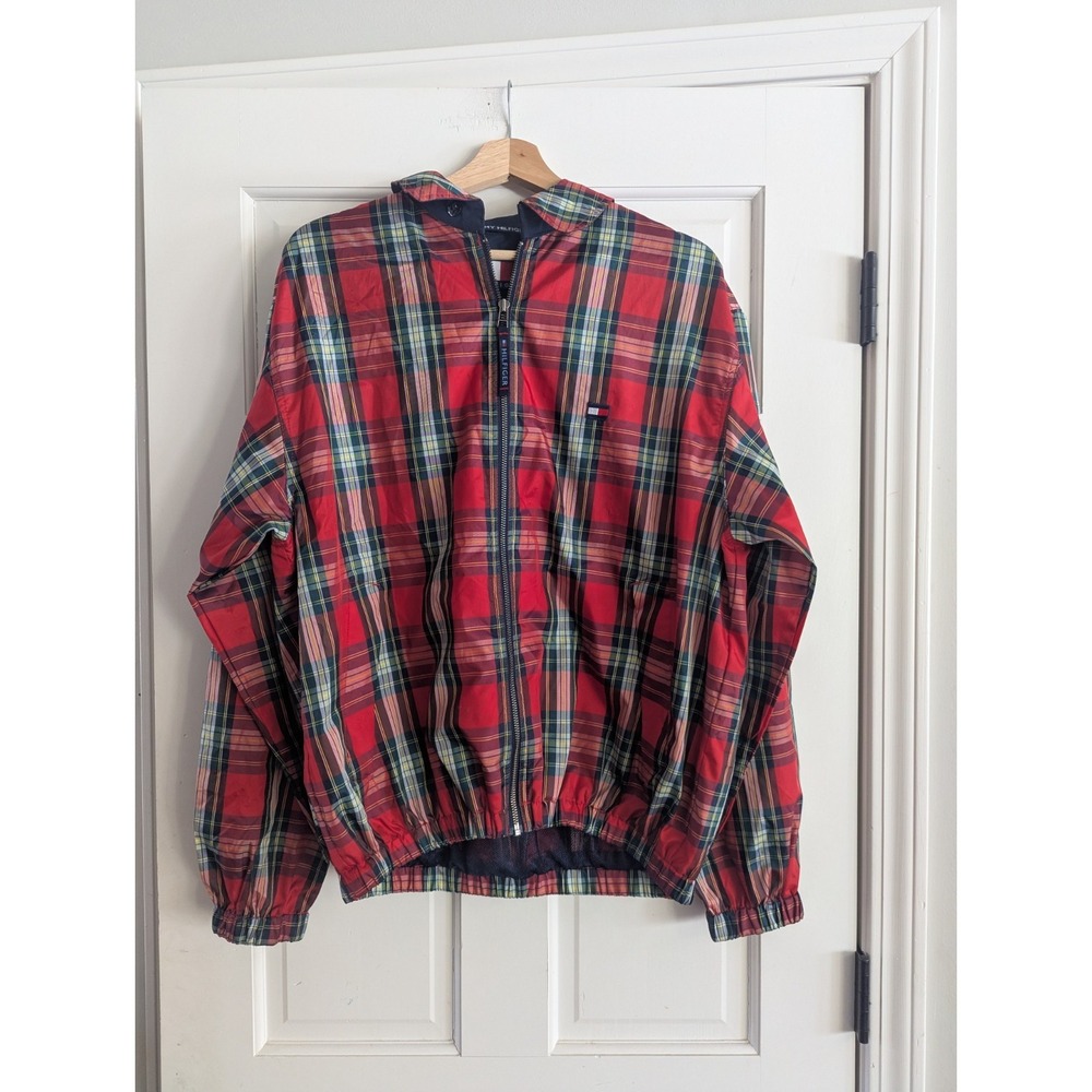 Tommy Hilfiger Tartan Red Plaid Bomber Golf Windbreaker Jacket Coat Size S Prep
